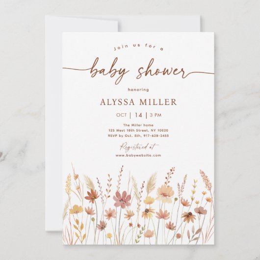 Terracotta Boho Wildflower Baby shower Kaart (Voorkant)