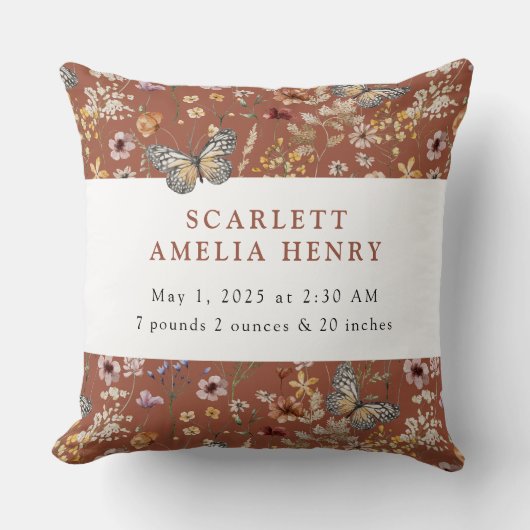 Terracotta Boho Wildflower Baby Stats Kussen (Voorkant)