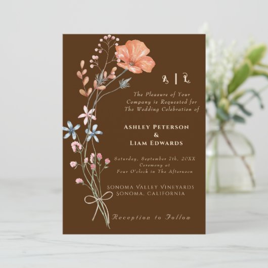 Terracotta Boho Wildflower Fall bruiloft uitnodigi Kaart (Staand voorkant)