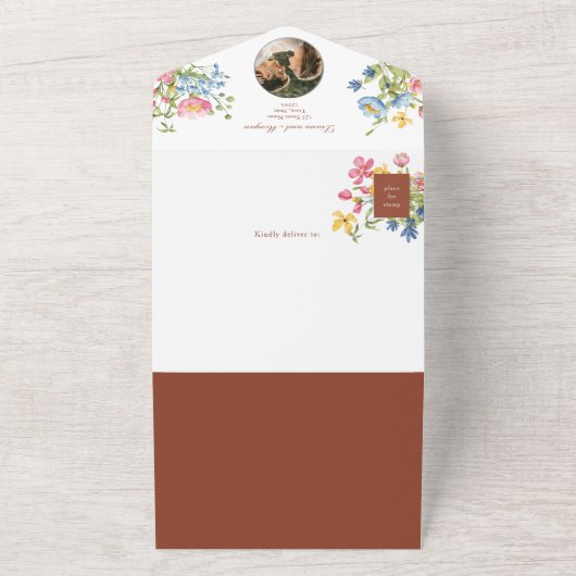 Terracotta Boho Wildflower Wedding All In One Uitnodiging (Buitenkant)