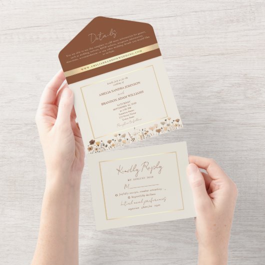 Terracotta Boho Wildflower Wedding All In One Uitnodiging (Afscheurbaar)