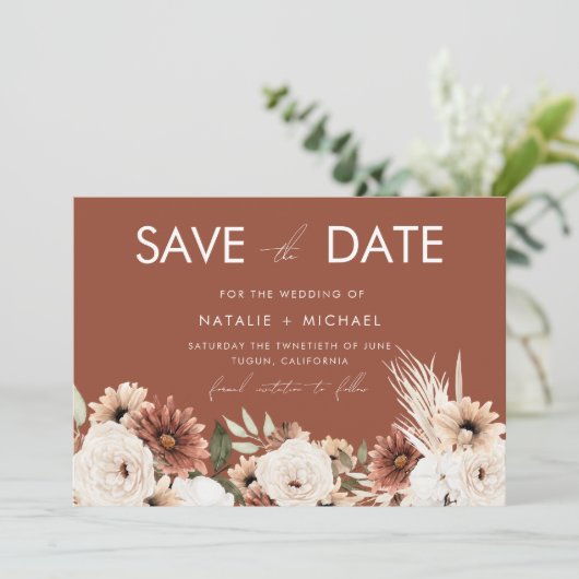 Terracotta Boho Zomer & Herfst Bruiloft Save The Date (Staand voorkant)