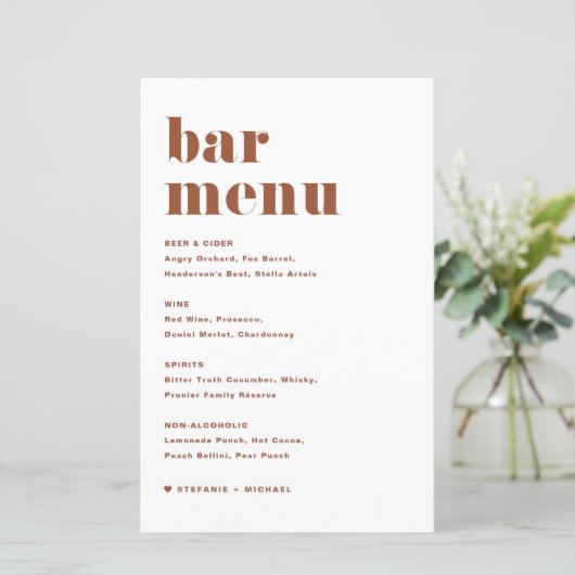 Terracotta Bold Retro Typografie Bruiloft Bar Menu (Staand voorkant)