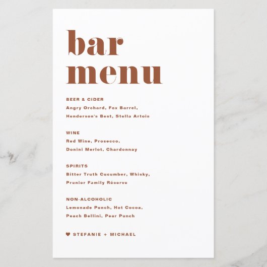 Terracotta Bold Retro Typografie Bruiloft Bar Menu (Voorkant)
