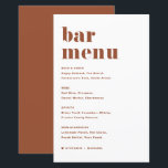 Terracotta Bold Retro Typografie Bruiloft Bar Menu<br><div class="desc">Voeg deze aanpasbare bar menukaart briefpapier toe aan uw evenement tabeldecor. Ze hebben een gedurfde retro-typografie en een eenvoudige terracotta-typografie. Deze terracotta bar menukaart is perfect voor bruiloften,  vrijgezellenfeesten,  baby showers en nog veel meer.</div>