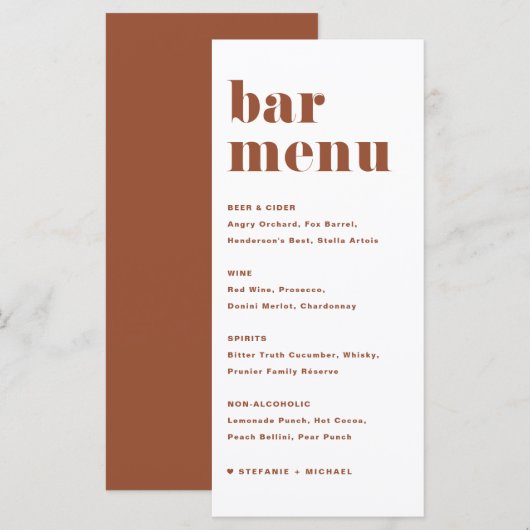 Terracotta Bold Retro Typografie Bruiloft Bar Menu (Voorkant / Achterkant)