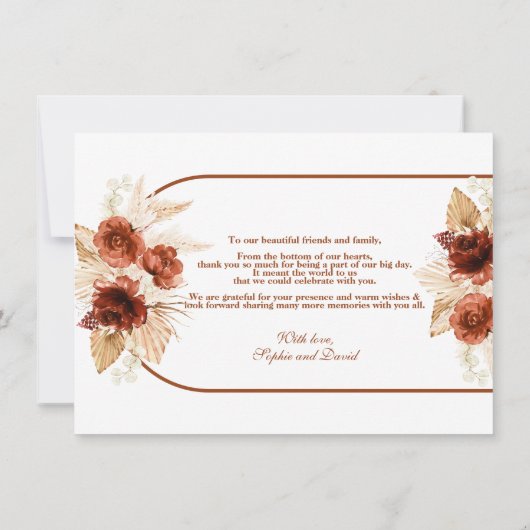 Terracotta boog pampas gras bloemenbruiloft bedankkaart (Achterkant)