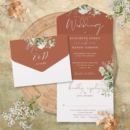 Terracotta Botanical Greenery Monogram Wedding All In One Uitnodiging