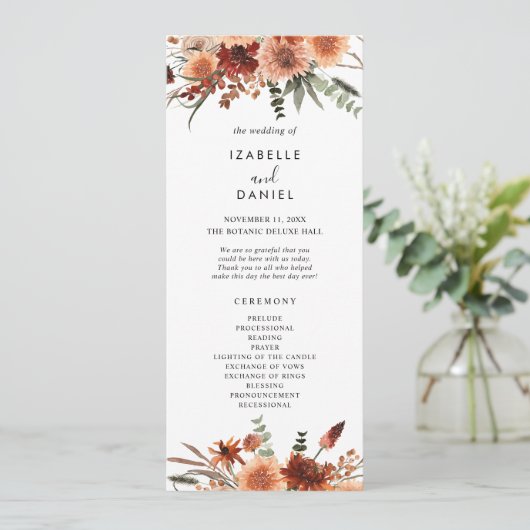 Terracotta Botanical Wedding Ceremony Program Kaart (Staand voorkant)