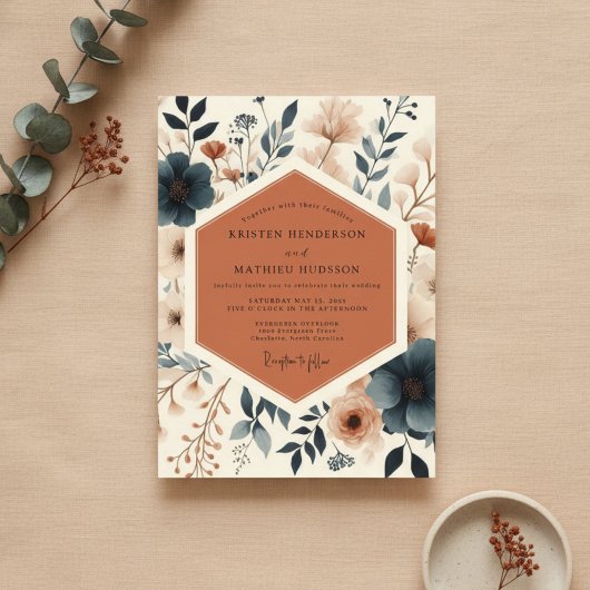 Terracotta Botanische Bloeiende Bruiloft Kaart
