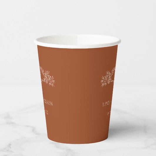 Terracotta botanische kam monogram bruiloft papieren bekers (Links)
