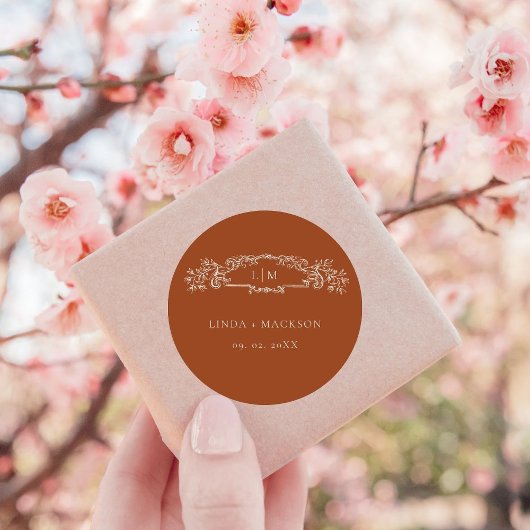 Terracotta botanische kam monogram bruiloft ronde sticker