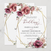 Terracotta Bourgogne Bloemen Goud Boho Herfst Brui Kaart (Voorkant / Achterkant)