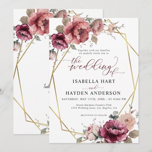 Terracotta Bourgogne Bloemen Goud Boho Herfst Brui Kaart (Voorkant / Achterkant)