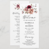 Terracotta Bourgondië Aardse Herfst Bloemenbruilof Programmakaart (Voorkant / Achterkant)