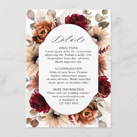 Terracotta Bourgondië Mauve Bloemige Geometrische  Informatiekaartje (Voorkant)