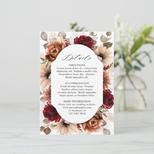 Terracotta Bourgondië Mauve Bloemige Geometrische  Informatiekaartje (Staand voorkant)