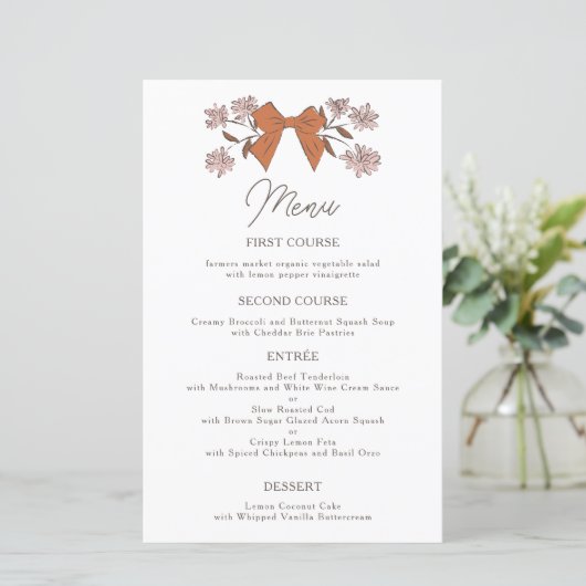 Terracotta Bows Flower Wedding Dinner Menu (Staand voorkant)