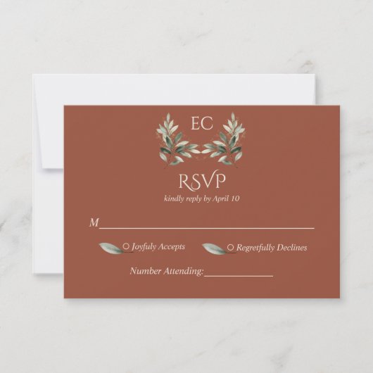 Terracotta Branch Monogram Wedding RSVP Kaartje (Voorkant)