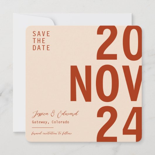 Terracotta brandt Sinaasappel minimaal Elegant Mod Save The Date (Voorkant)