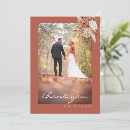 Terracotta Brown Bohemian Floral Rustic Wedding Bedankkaart (Staand voorkant)