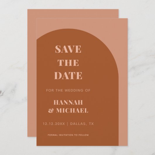 Terracotta Brown & Cream Minimalist Geometric Arch Save The Date (Voorkant / Achterkant)