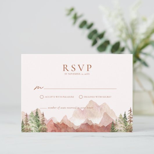Terracotta Bruiloft Berg RSVP Behuizing Kaart (Staand voorkant)