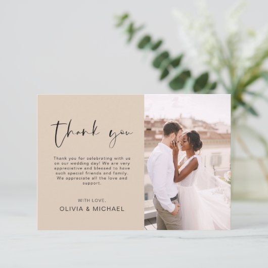 Terracotta bruiloft dank u foto minimalistisch bedankkaart (Staand voorkant)