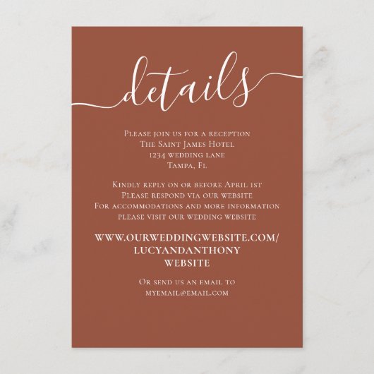 Terracotta bruiloft Details Eenvoudig Aangepast Informatiekaartje (Voorkant)