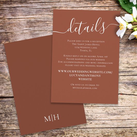 Terracotta bruiloft Details Eenvoudig Aangepast Informatiekaartje