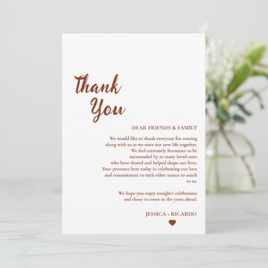 Terracotta bruiloft goktafel dank u kaart (Staand voorkant)