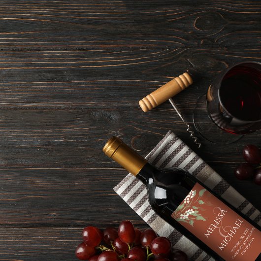 Terracotta bruiloft groen gepersonaliseerd wijn etiket