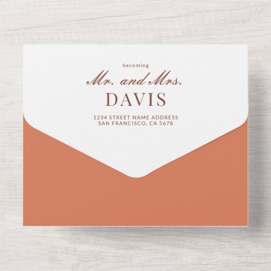 Terracotta bruiloft met optie tot RSVP QR-code All In One Uitnodiging (Achterkant)