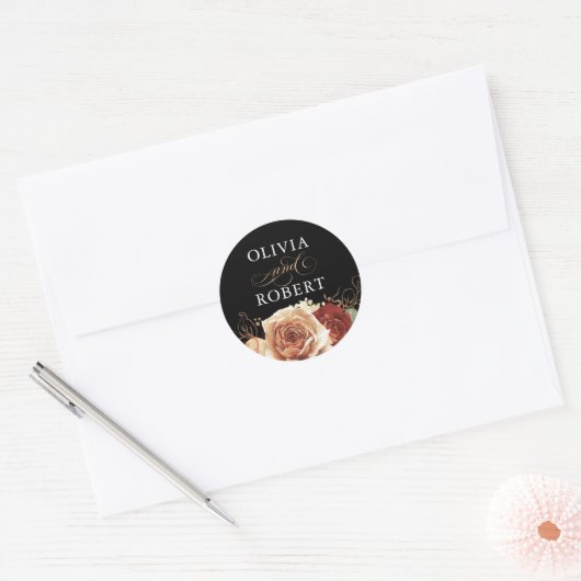Terracotta Bruiloft Moderne Bloemen Boho Zwart Ronde Sticker (Envelop)