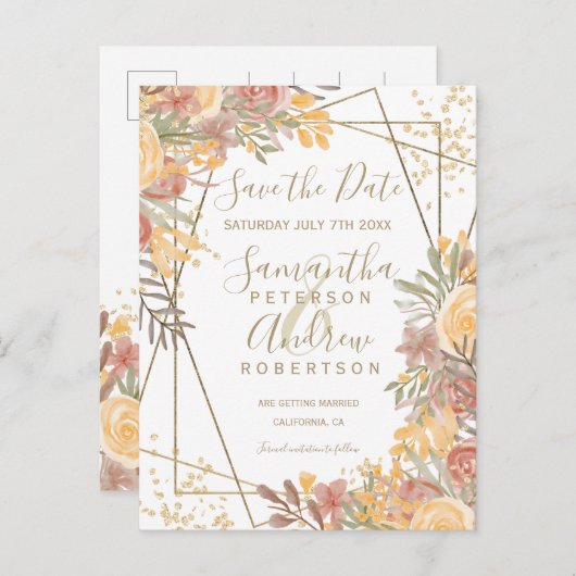 Terracotta bruin bloemengoud lijst save the date aankondigingskaart (Voorkant / Achterkant)