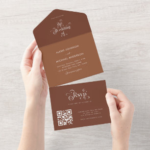 Terracotta Bruine Tinten Retro Typografie QR Code All In One Uitnodiging