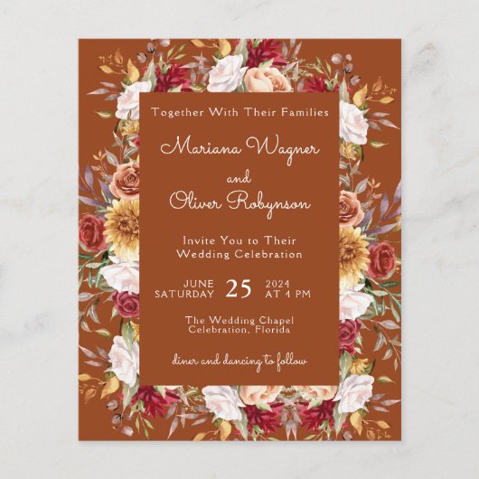 Terracotta Budget Moderne Herfst Bloemenbruiloft (Voorkant)