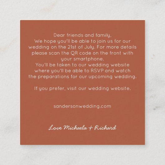 Terracotta Budget QR Code Trouw Uitnodiging (Achterkant)