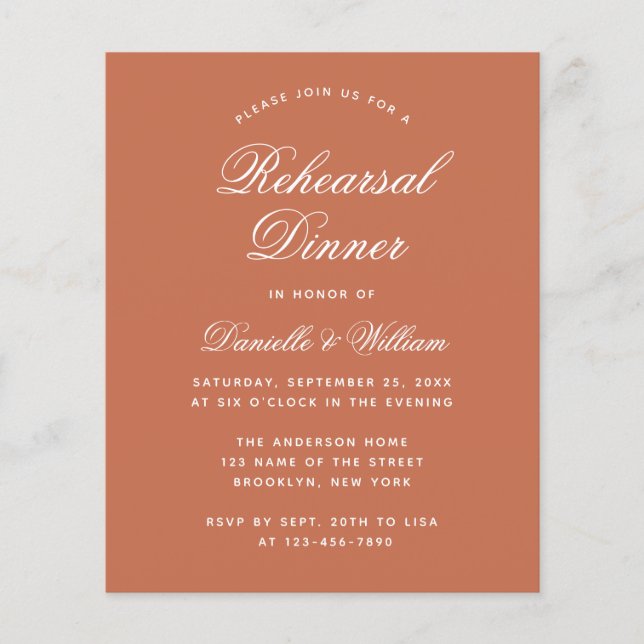 Terracotta Budget Rehearsal Dinner Uitnodiging (Voorkant)