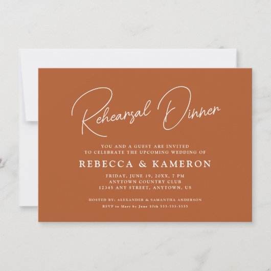 Terracotta Budget Script Rehearsal Dinner Kaart (Voorkant)
