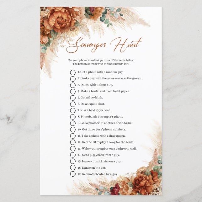 Terracotta buegundy greenery pampas Scavenger Hunt (Voorkant)