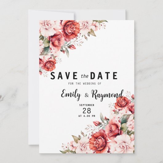 Terracotta Burgundy Blush Floral QR Code Wedding  Save The Date (Voorkant)