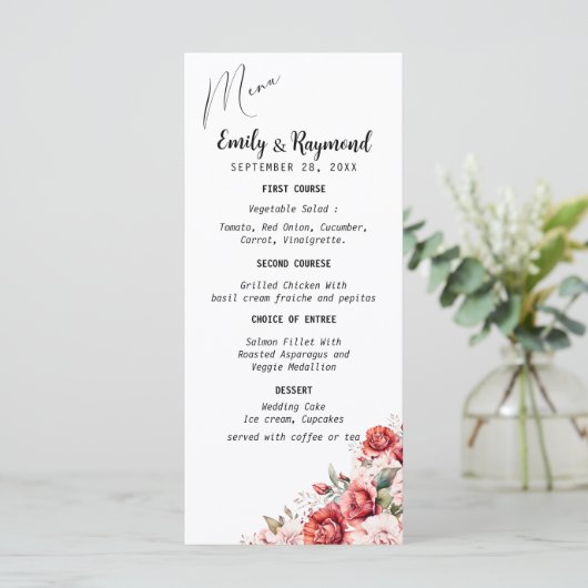 Terracotta Burgundy Blush Floral Wedding   Menu (Staand voorkant)