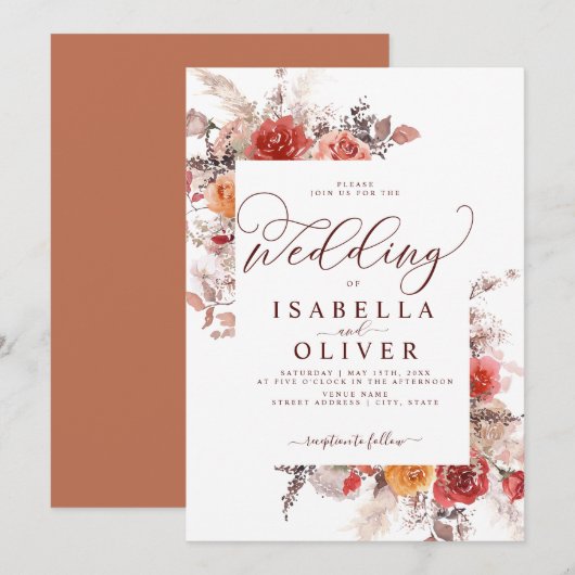 Terracotta Burgundy Burnt Sinaasappel Boho Wedding Kaart (Voorkant / Achterkant)