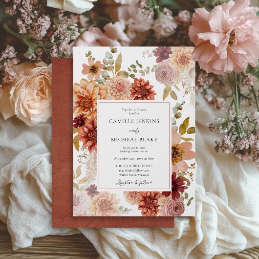 Terracotta Burgundy Fall Floral Wedding Invitation Kaart
