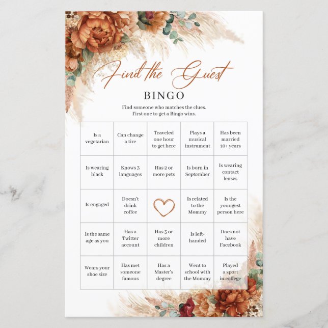 Terracotta burgundy floral Find the Guest Bingo (Voorkant)