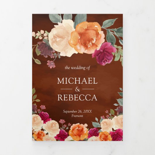 Terracotta Burgundy Floral Photo QR Code Weddensch Drieluik Uitnodiging (Cover)