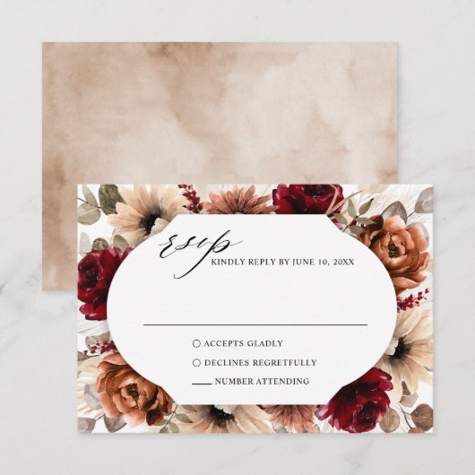 Terracotta Burgundy Greenery Geometric Wedding RSVP Kaartje (Voorkant / Achterkant)