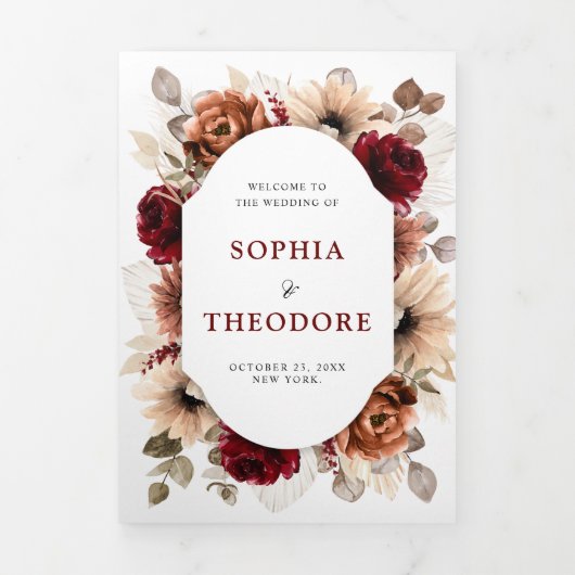 Terracotta Burgundy Mauve Floral Geometric Wedding Drieluik Aankondiging (Cover)