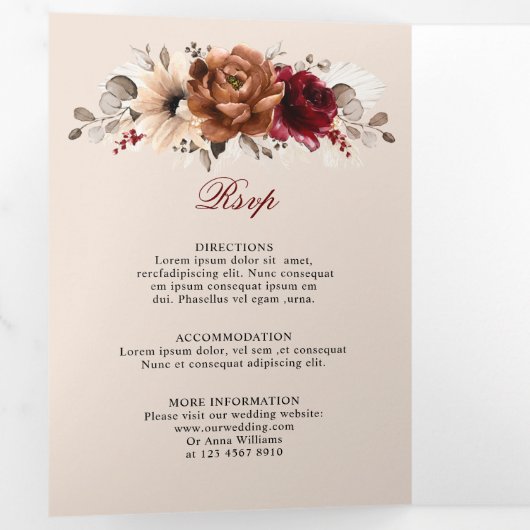 Terracotta Burgundy Mauve Floral Geometric Wedding Drieluik Aankondiging (Binnenzijde eerst)